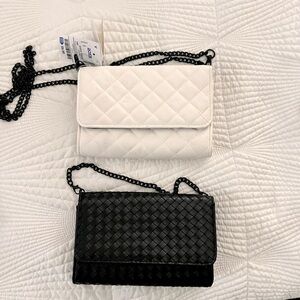 Elegant White and Black Quilted Crossbody Bag Set